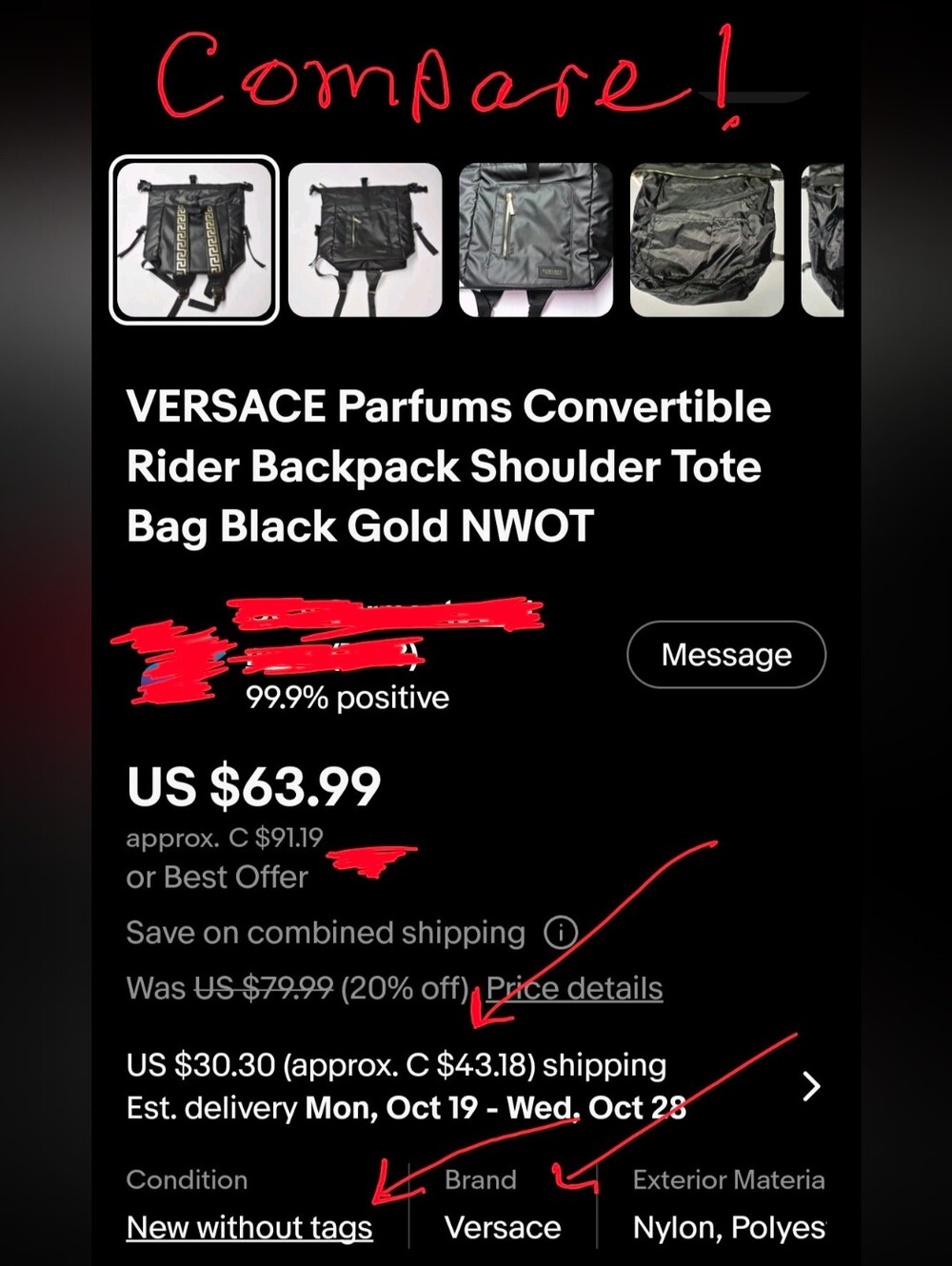 ❗️VERSACE Convertible Rider Backpack , Shoulder Tote / Backpack NWOT ❗️ - Picture 8 of 11